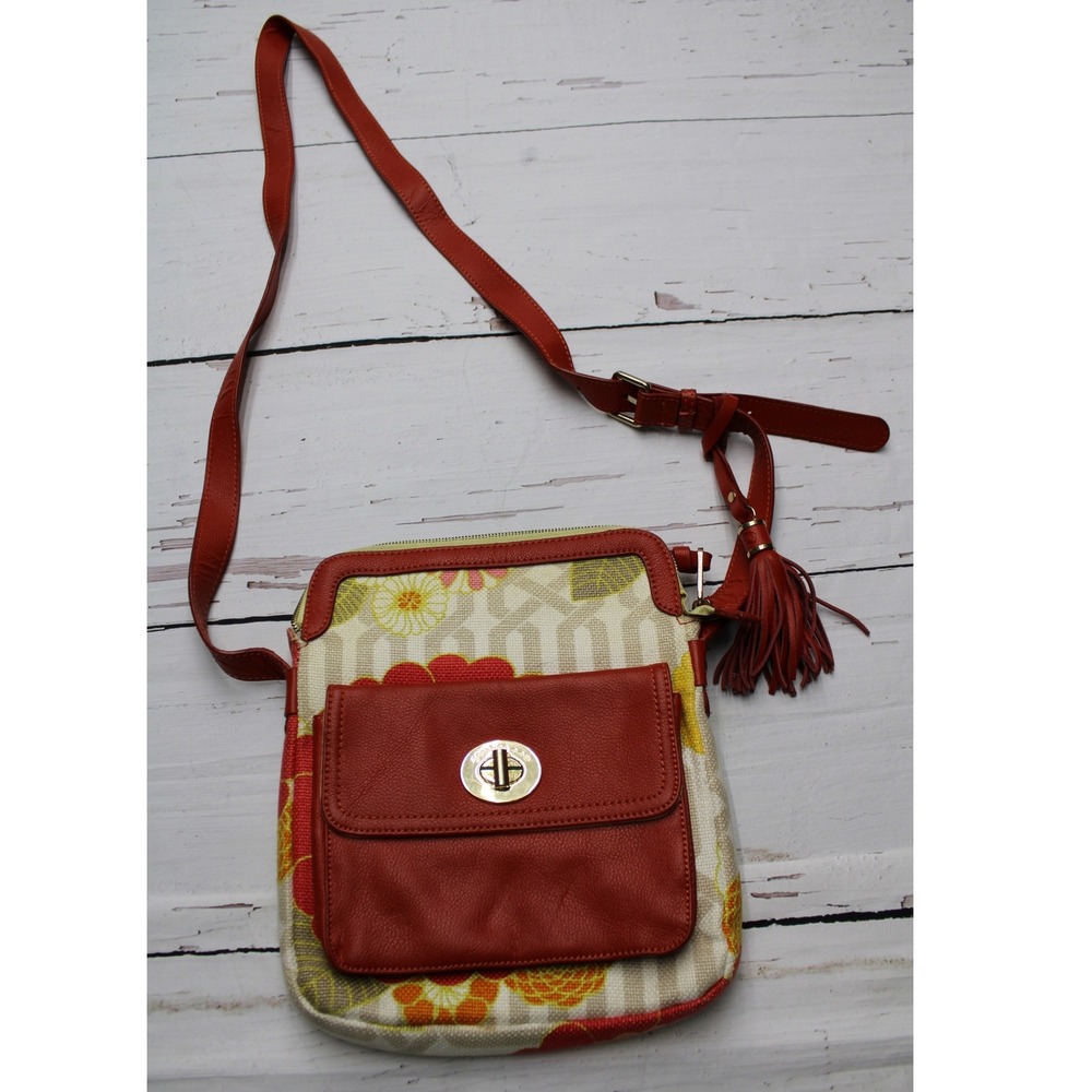 Spartina 449 Linen‎ Leather Crossbody Bag Floral Red OS Boho